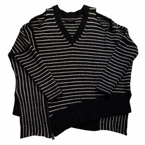 AllSaints Able Stripe Open Shoulder Black White V-Neck Wool Blend Sweater Sz SML